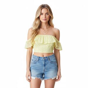 NEW HYFVE Yellow Lace Ruffle Off the Shoulder Summer Crop Top